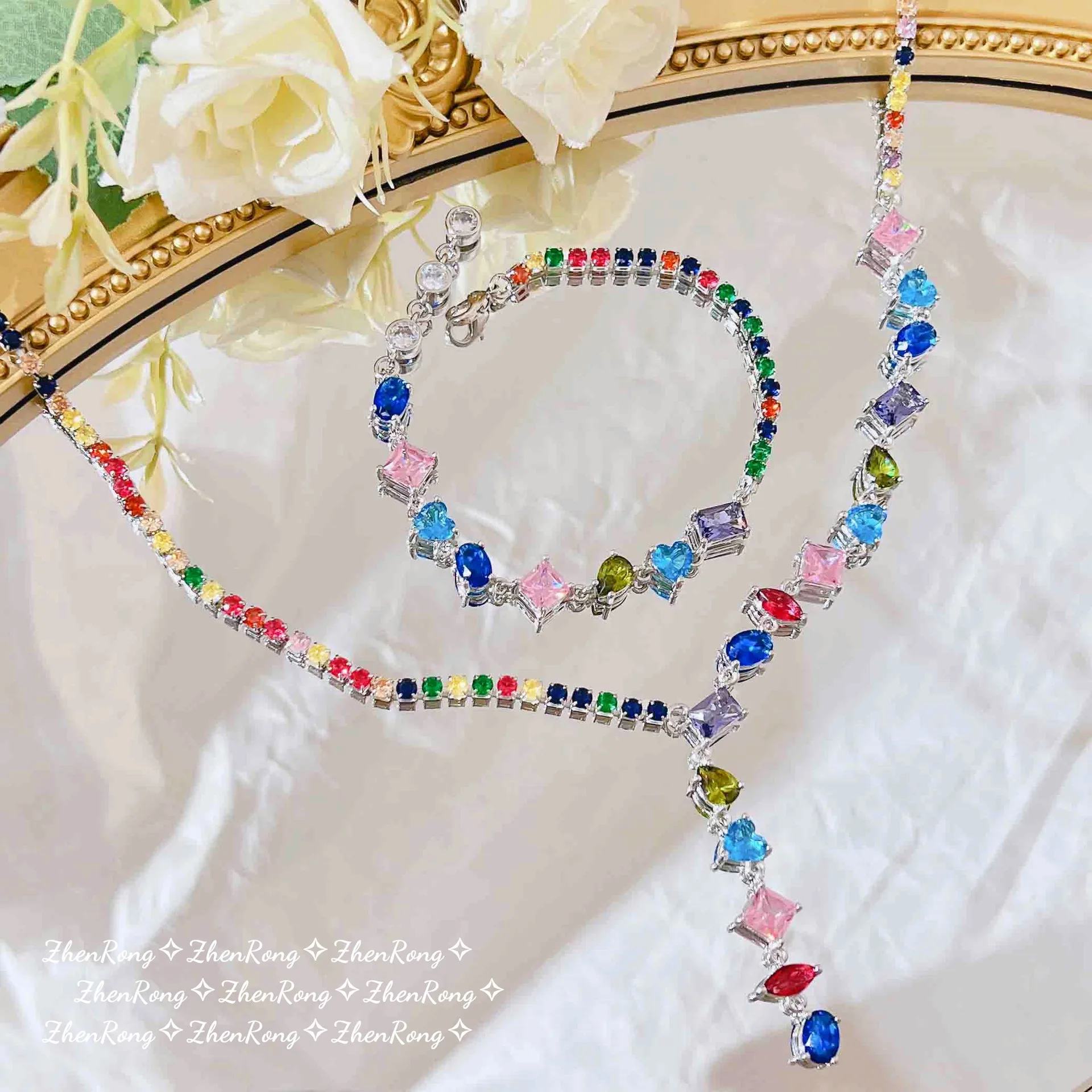 

Foydjew Luxury Candy Color Rainbow Simulation Tourmaline Bracelets Y-shaped Necklaces Jewelry Sets For Women Banquet Accessories