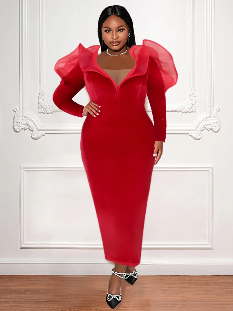 Plus Size Red Velvet Dresses for Women Sexy Deep V Neck robes Long Sleeve Rufles Stylish Evening Cocktail Event Christmas Gowns