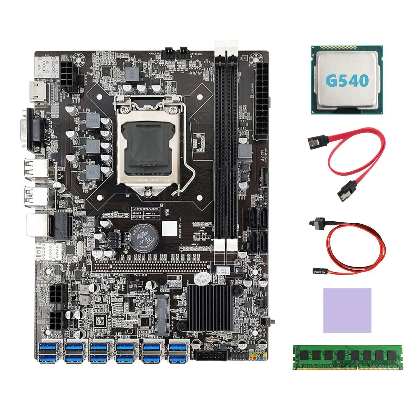 

B75 BTC Mining Motherboard 12XUSB+G540 CPU+DDR3 4GB 1600Mhz RAM+SATA Cable+Switch Cable+Thermal Pad B75 USB Motherboard