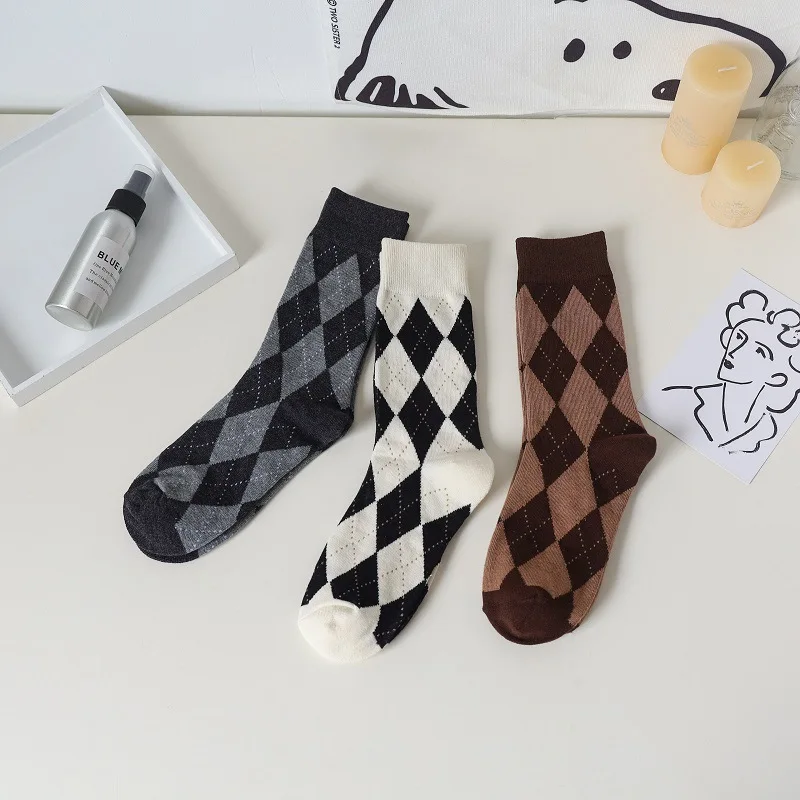 

Retro Kawaii Rhombus Socks Women's British Style Medium Tube Woman Clothes Knitted Cotton Cute Spring Autumn Hosiery Underwear