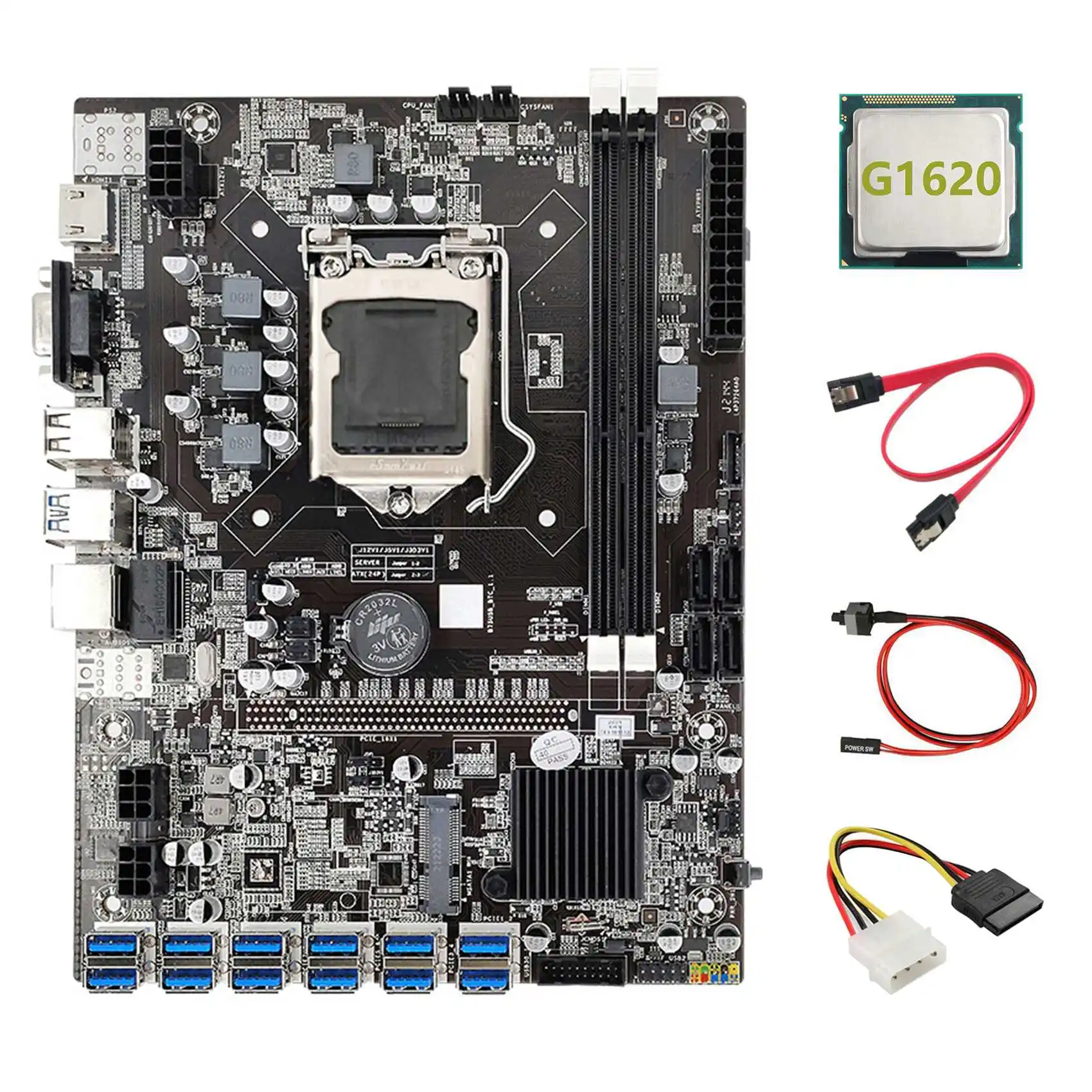 B75 ETH Miner Motherboard 12 PCIE to USB3.0+G1620 CPU+4PIN IDE to SATA Cable+SATA Cable+Switch Cable LGA1155 Motherboard