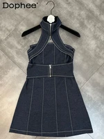2022 summer stand collar stitched zipper sleeveless waist thin sweet cool style denim dress splited vestido