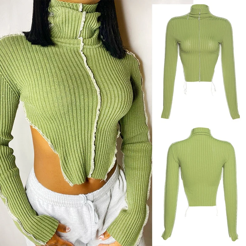 

Casual Rib Knit Patchwork Striped Shirt Women Skinny Turtleneck Streetwear Fall Stretchy Basic Crop Tops