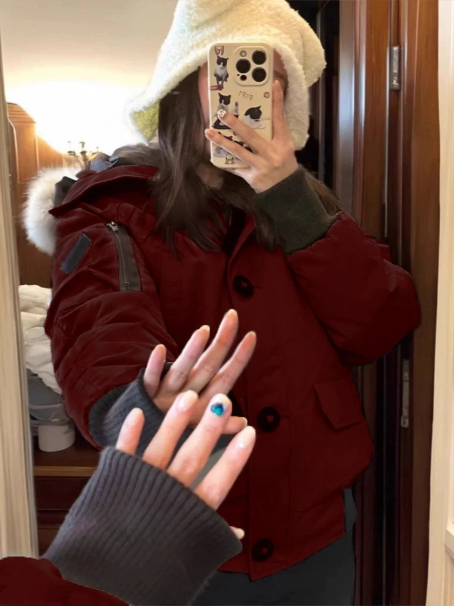 Kskkm Wine Red Down jacket Outerwear Women New Autumn and Winter French sle High-Grade Short Bread Cotton-padded jacket