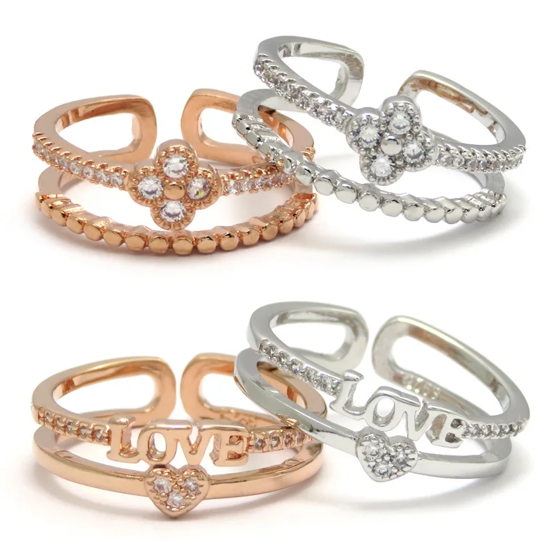 

Korean Version Of Love Double Ring Female Open Fashion Simple Rhinestone Four-leaf Clover Jewelry Geometric Couple Rings