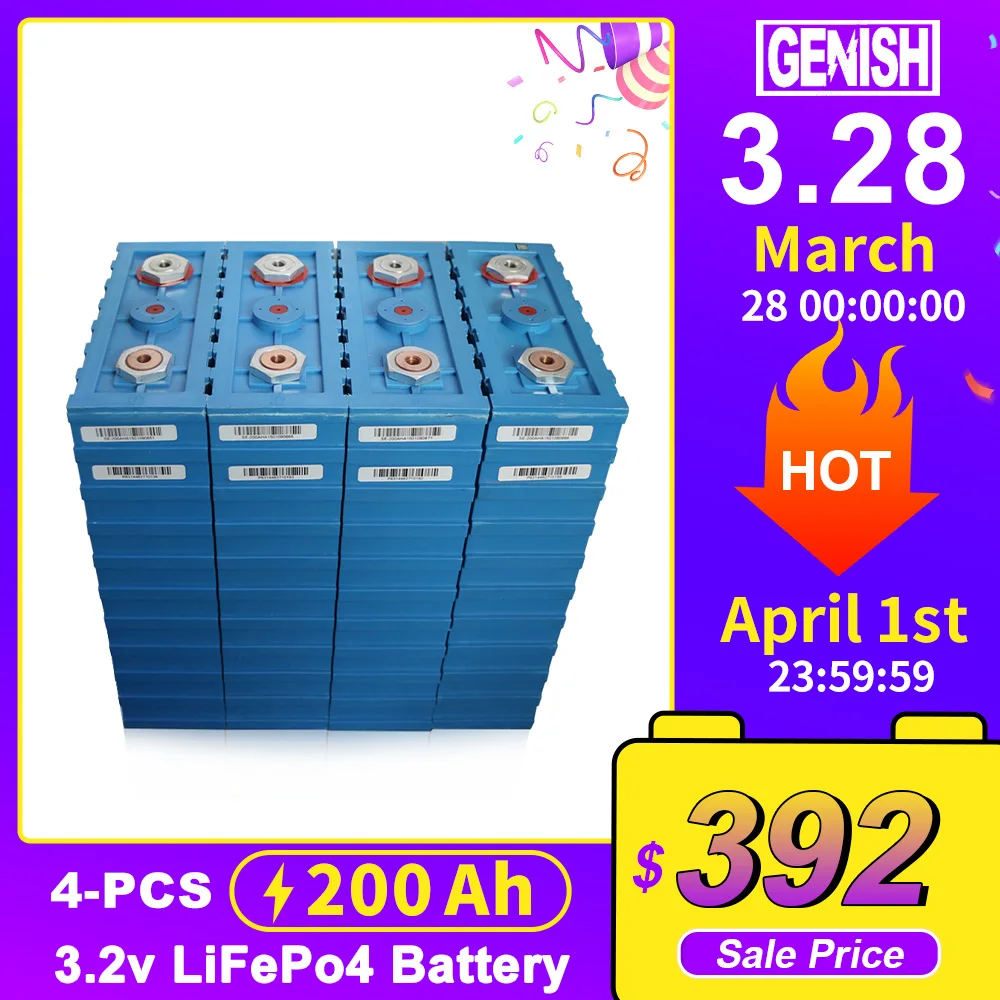 

4PCS New 3.2V 200AH Lifepo4 12V Rechargeable Battery Pack Deep Cycle High Capaity Lithium Iron Phosphate DIY EU TAX FREE