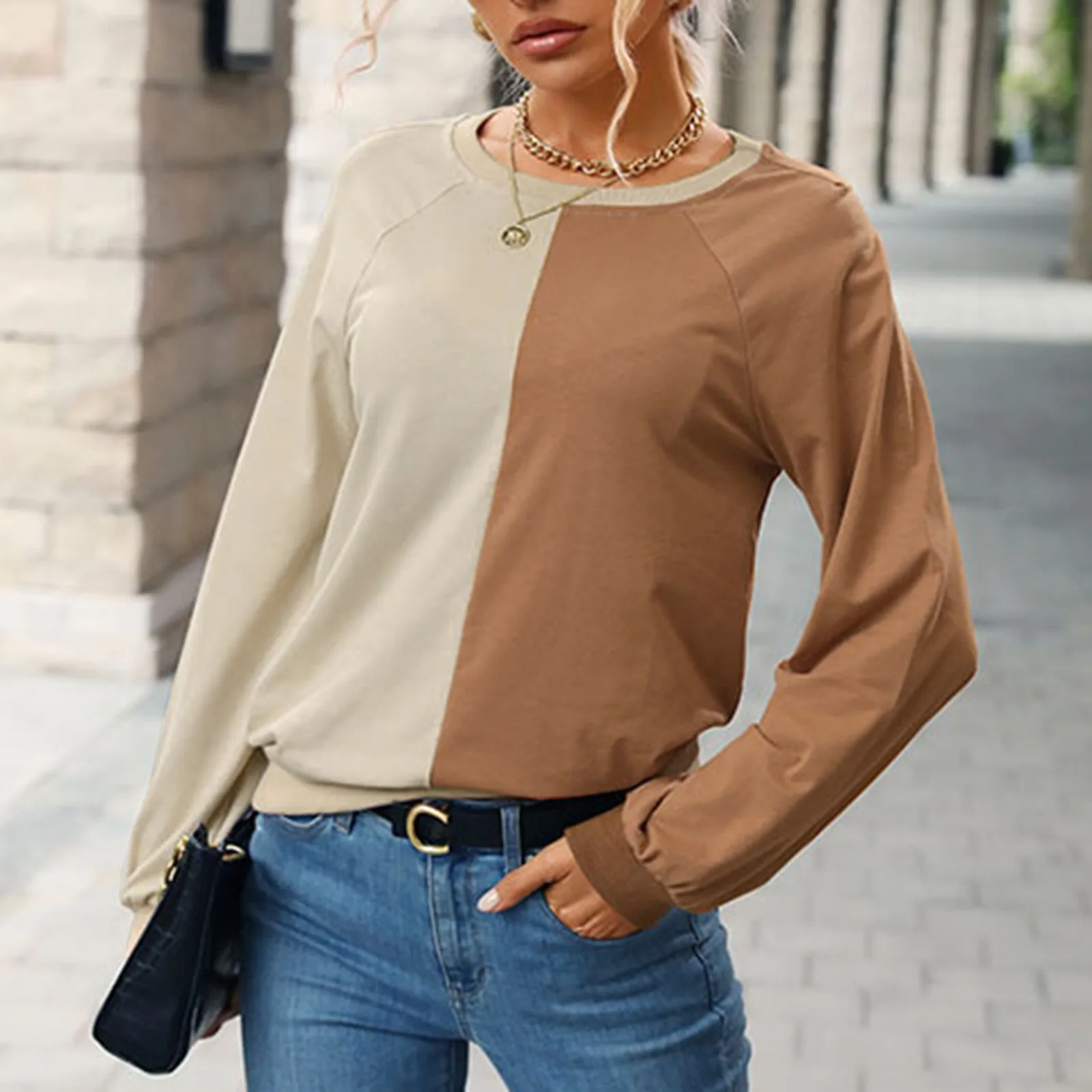 

Autumn Spring Splice Sweatshirt Womens Crewneck Raglan Contrast Color Long Sleeve Pullover Top Casual Patchwork Blouse Tops 2022
