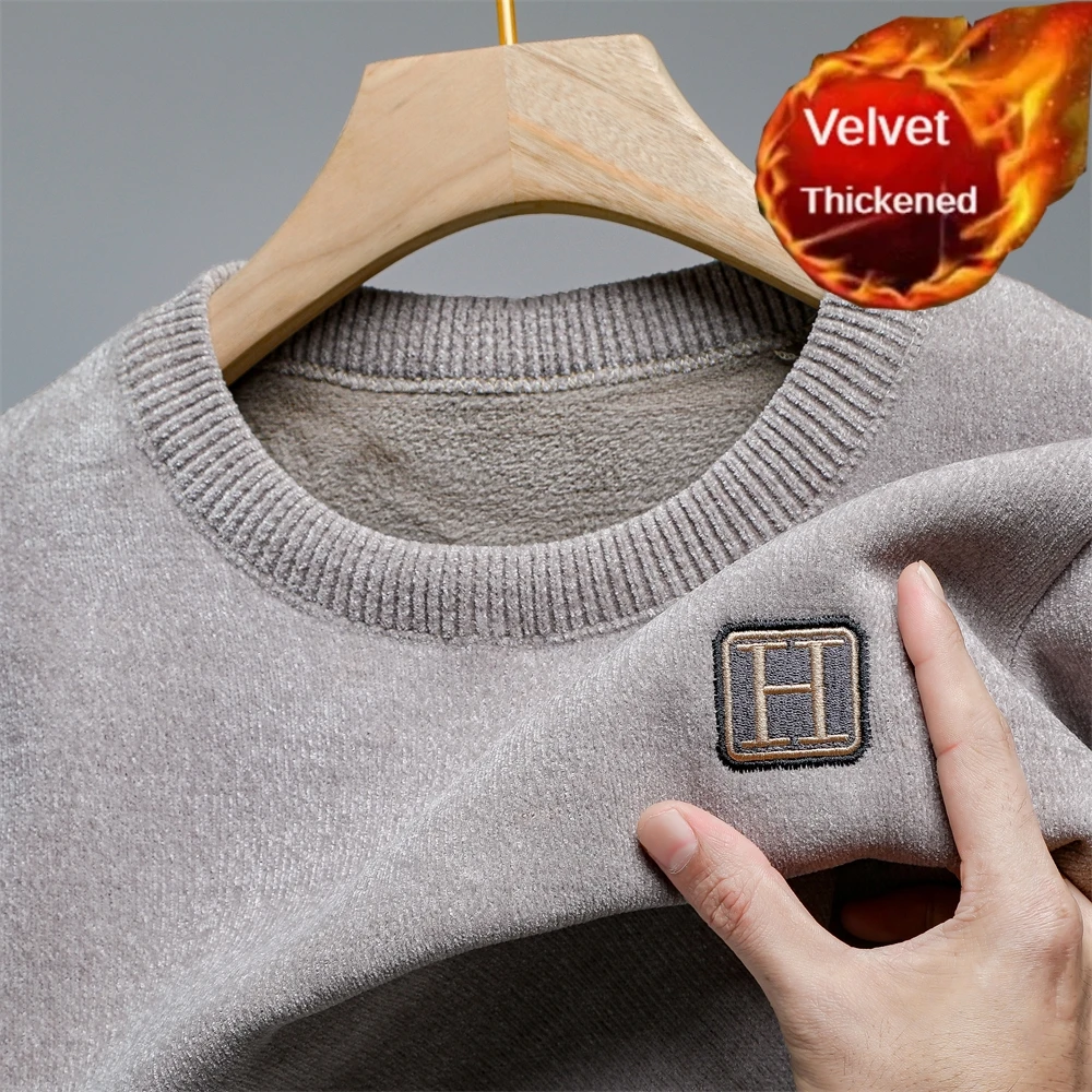 Зимний мужской теплый флисовый свитер с круглым вырезом и вышивкой вязаные