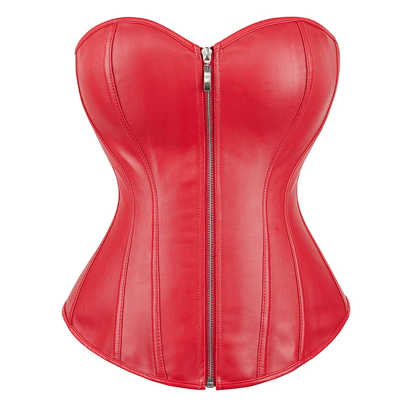 Women Sexy Faux Leather Zipper Overbust Corset Waist Cincher Body Shaper Slim Burlesque Corset Lingerie Top Plus Size S-6XL