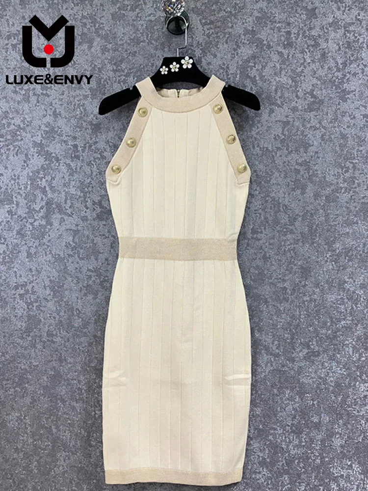 

Женское трикотажное платье Люкс & ENVY, облегающее платье без рукавов с металлическими пуговицами и поясом на талии, до середины бедра, осень 2023