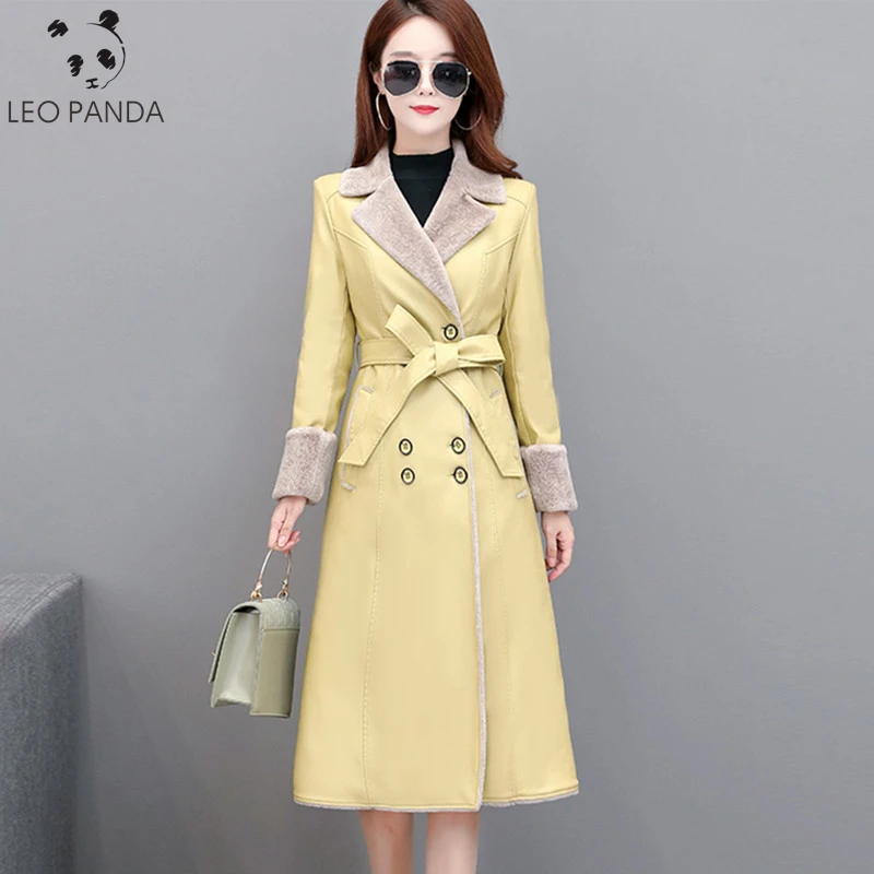 Genuine Leather Jacket Women Winter Fashion New Lamb Fur Liner Thicken Warm Long Overcoat Belt Sheepskin Coat Female Clothing