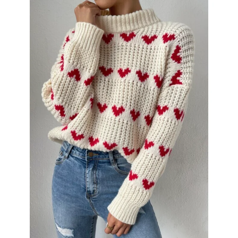 

Женский пуловер свободного покроя, Жаккардовый трикотажный свитер с сердечками, весна-осень 2023