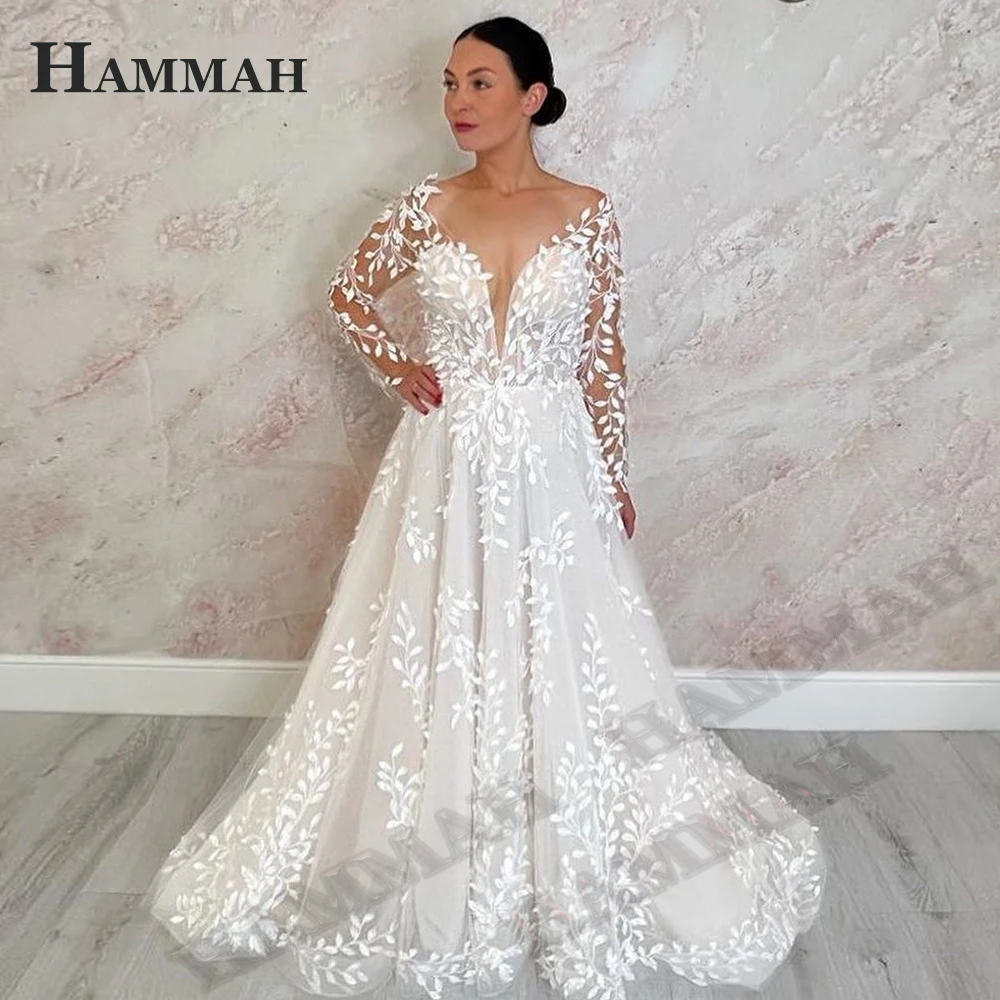 

HAMMAH Elegant A Line Wedding Dresses 2023 Bride Long Sleeve Modern Court Train Appliques Pleats Deep V Neck Robe De Mariée