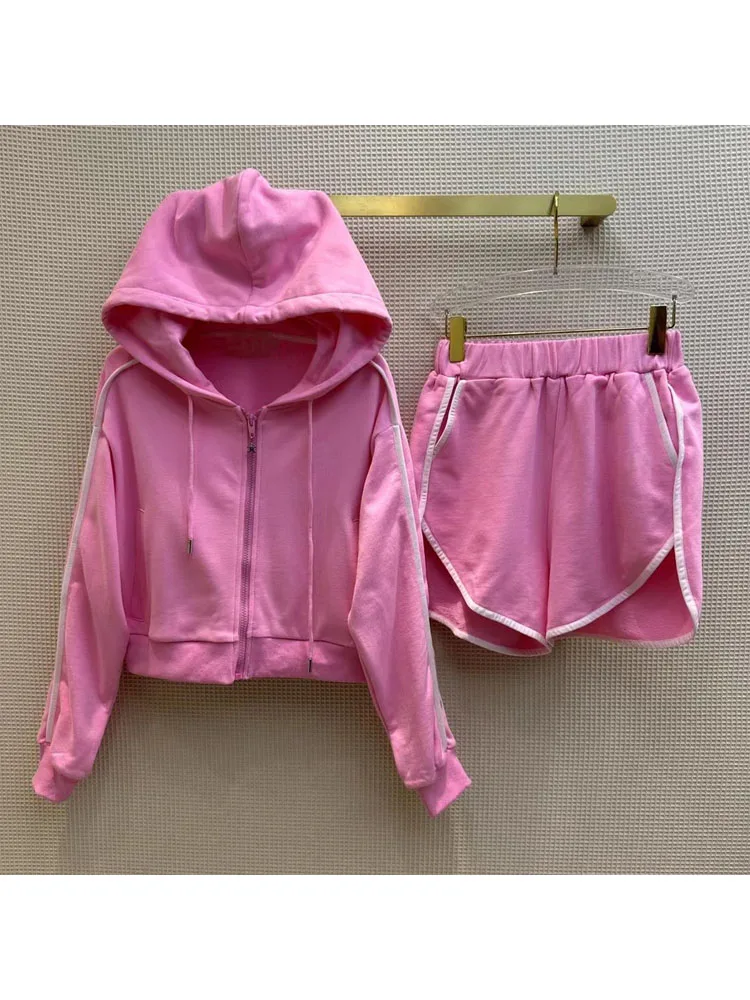 

Женский новый костюм из двух цветов, толстовка на молнии, хлопковое пальто контрастных цветов с краями, спортивный костюм с эластичной резинкой и шортами
