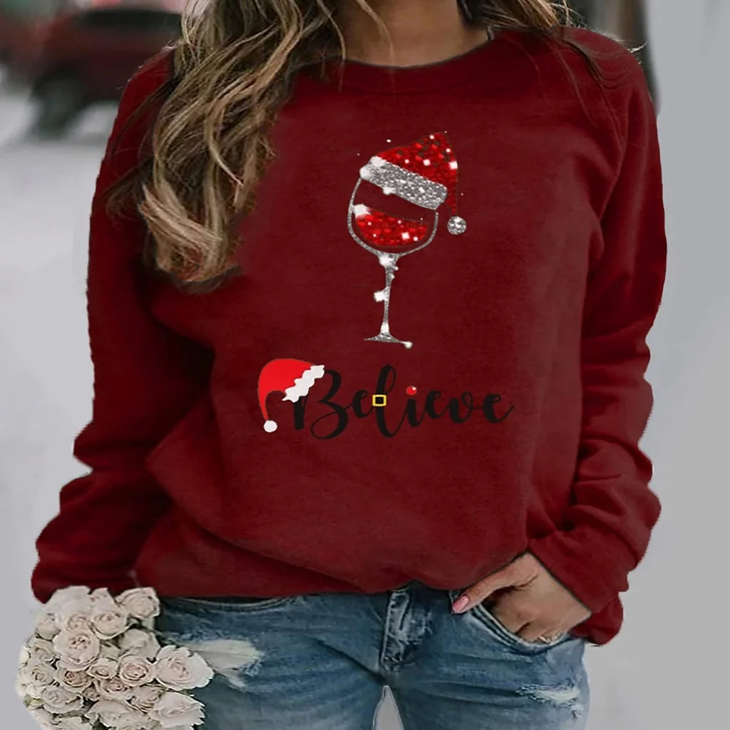 

[New In] Women's Plus Size Tops Shirt Graphic Print Long Sleeve round Neck Streetwear Festival Christmas
