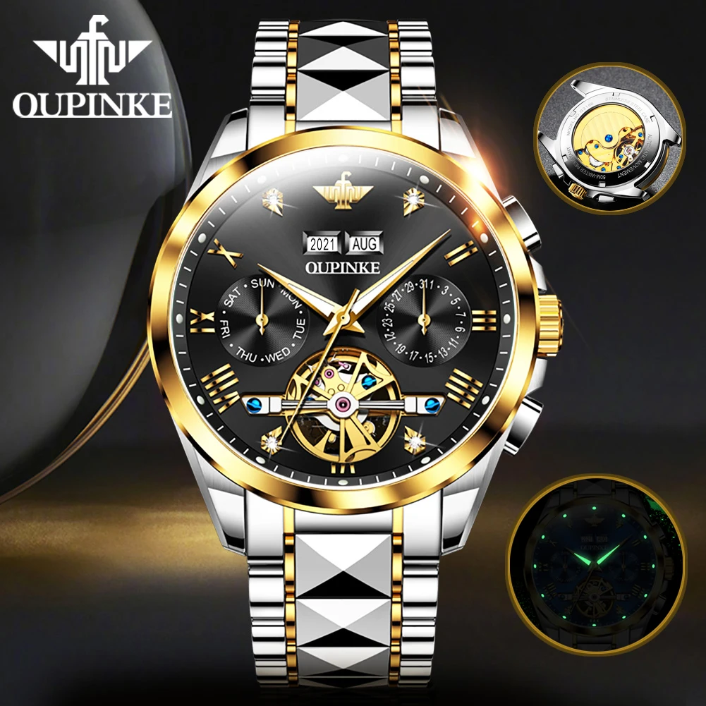 

OUPINKE Luxury Men Chronograph Watch Automatic Mechanical Waterproof Watches Man Stainless Steel Luminous Sport Clock relogio