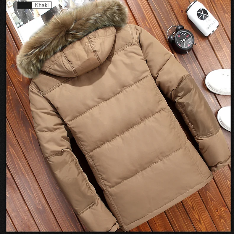 Winter Men's Thick Hooded Down Jacket Casual Mens Solid Color White Duck Down Coat with Fur Collar Male Warm Zipper Outwear Top