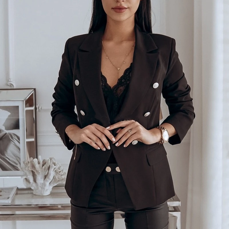 Fashion Casual Office Blazer with Metal Button 2021 Women Solid Colors Double Breasted Commute Blazer Plus Size Formal Clothing