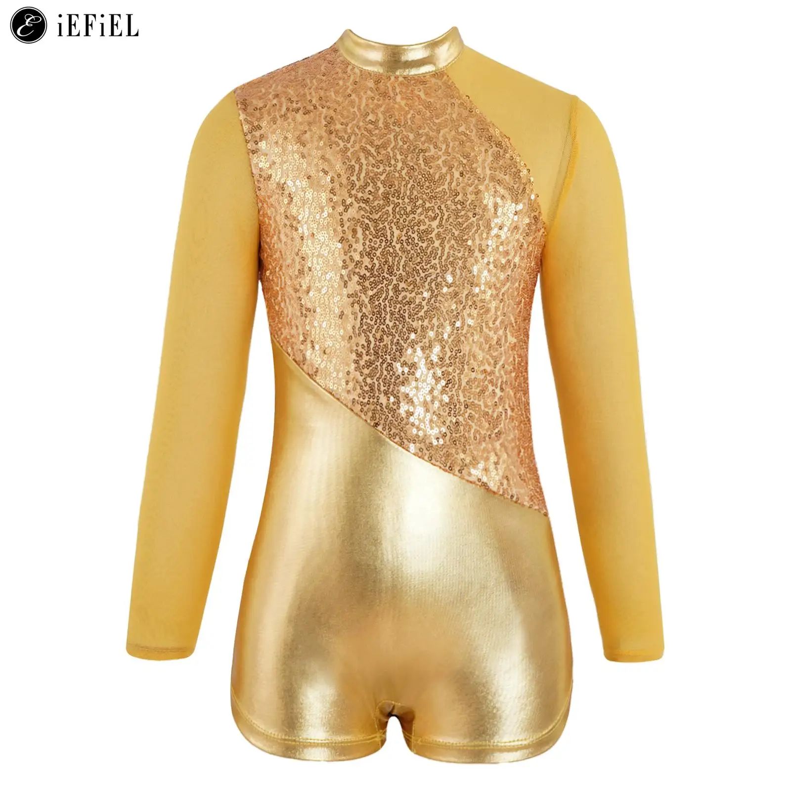 

Kids Girls Shiny Metallic Mesh Sequins Long Sleeve Ballet Dance Gymnastics Leotard Biketard Unitard Ballerina Dancewear Costume