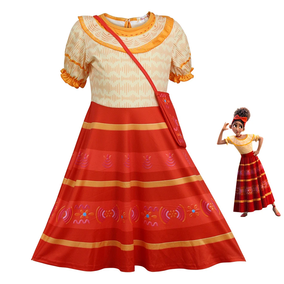 

Adult Kids Encanto Cosplay Costume Women Girls Dress Halloween Princess Party Clothes Flower Mirabel Dress Wig Bag Glasses