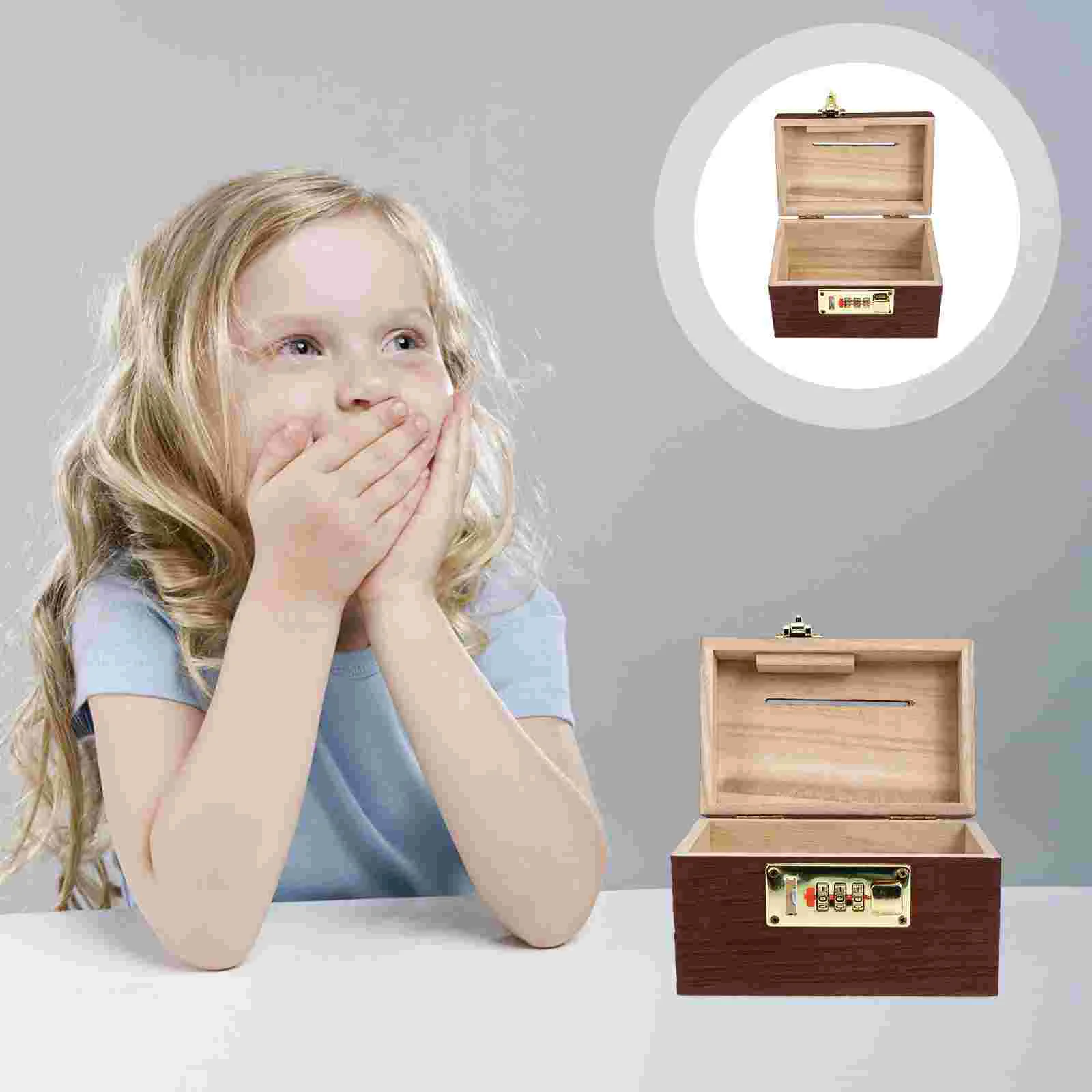 

Retro Money Box Travel Toys Kids Wood Coin Bank Treasure Case Piggy Wrought Iron Child