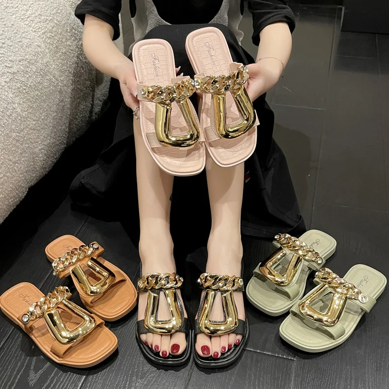 

2022 New Summer Sandals Slippers Fashion Designer Women Slides Outside Lady Chain Slipper Breathable Sandal Large Size 36~41