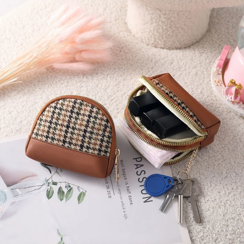Canvas Coin Wallet Key Bag Clutch Bag Double Zipper Small Vintage Wallet New Cute Half Round Pu Coin Pockets Mini Cosmetic Bag