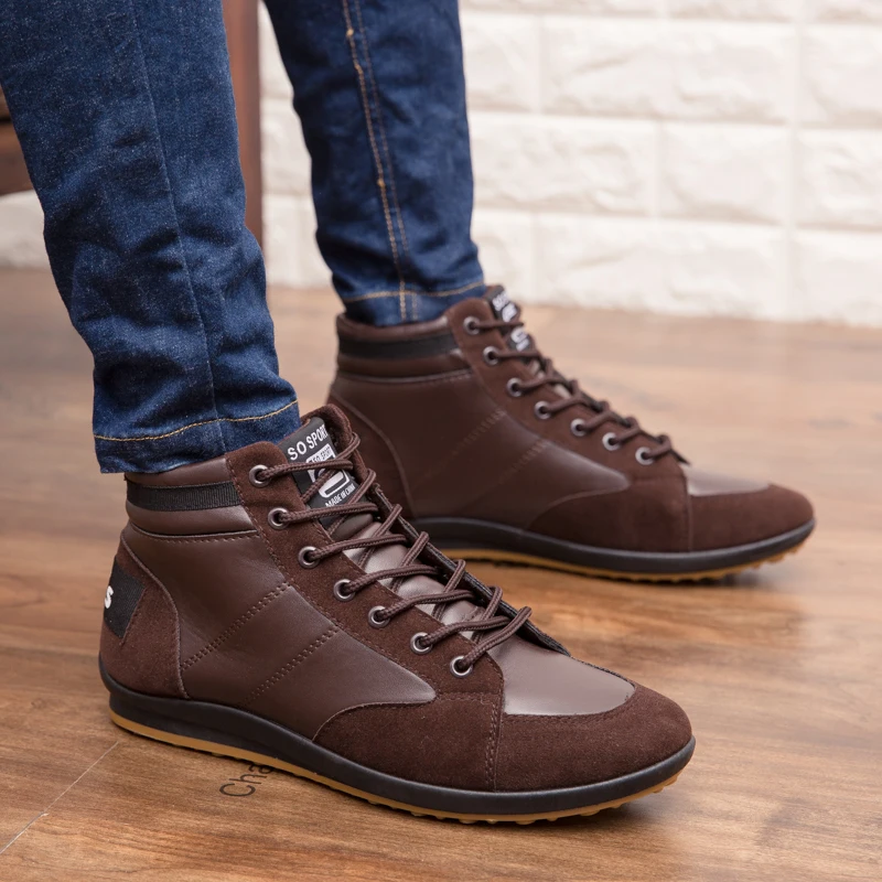 Men's PU Leather Boots Male Casual All Matching Spring Autumn Lace Up High Top Flat Shoes