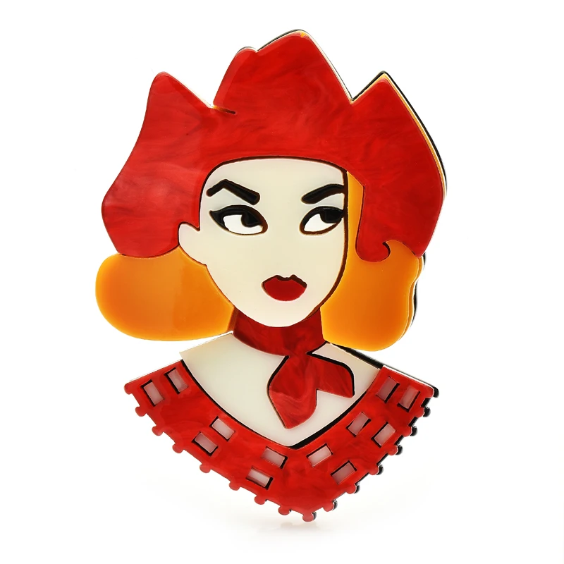 

Wuli&baby Acrylic Red Hair Lady Brooches For Women Beauty Girl Figure Office Party Brooch Pin Gifts
