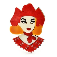 wulibaby acrylic red hair lady brooches for women beauty girl figure office party brooch pin gifts