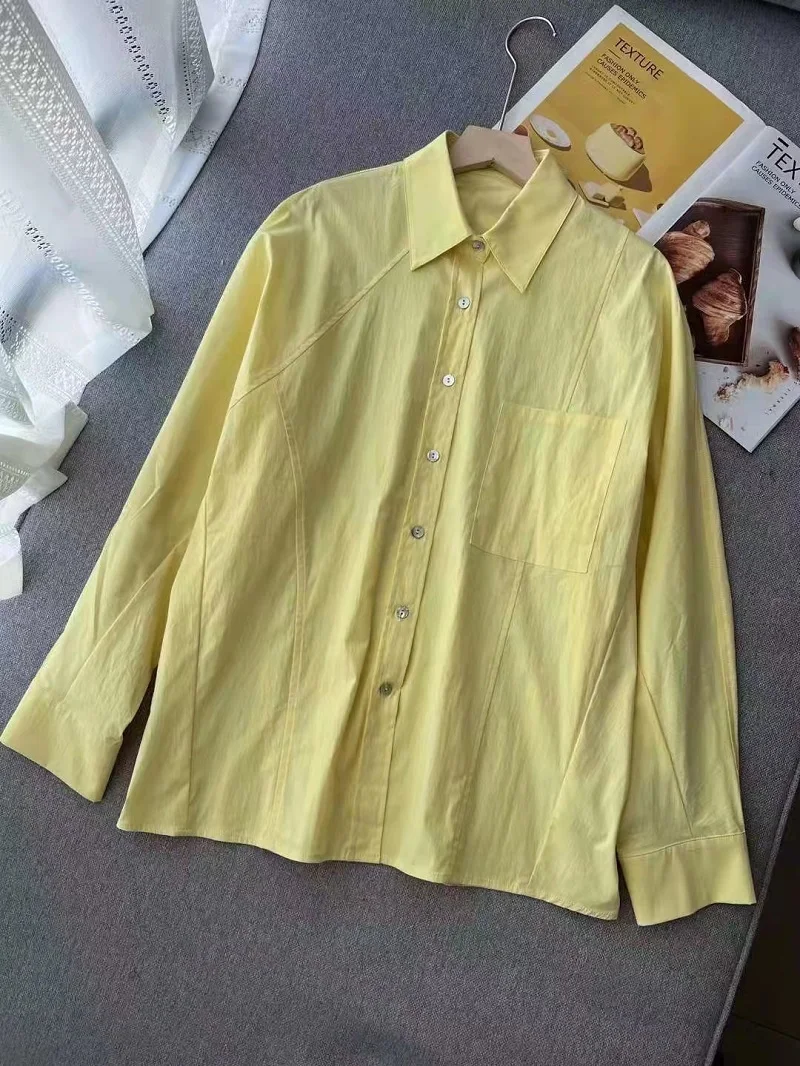 High Quality Cotton Shirts 2022 Autumn White Yellow Pink Blouses Women Pocket Patchwork Long Sleeve Casual Button Shirts Large