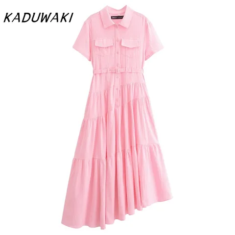 KADUWAKI French Vintage Lapel Short Sleeve Solid Dresses Casual Classic Pocket Asymmetric Pleated Vestidos with Belt فساتين ٢٠٢٢