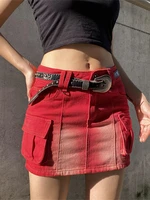 washed red cargo pocket high waist bodycon mini skirt hot girl gradient denim skirt 2022 summer streetwear