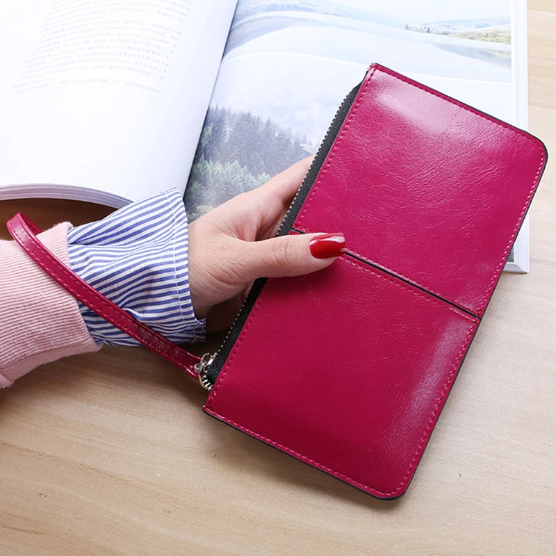 Women's Vintage Oil Wax Leather Zipper Clutch Bank Female Large Capacity Coin Purse Ladies Wristband Simple Card Holder Wallet