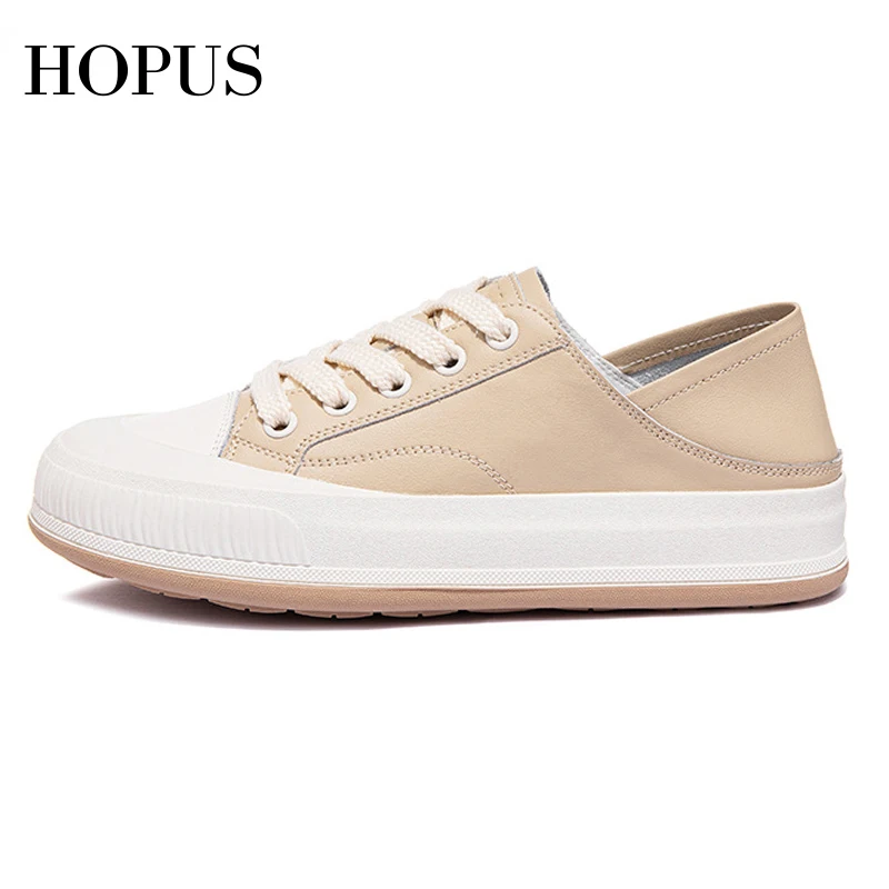 

Женские кожаные туфли HOPUS, новинка 2023, модные летние женские кроссовки в Корейском стиле, на шнуровке, простые школьные туфли на плоской толстой подошве