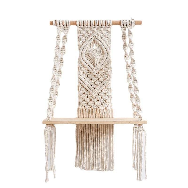 

Настенная подвесная полка макраме в стиле бохо, хлопковая веревка, Плетеный гобелен, вешалка для растений, деревянная полка, Настенный деко...