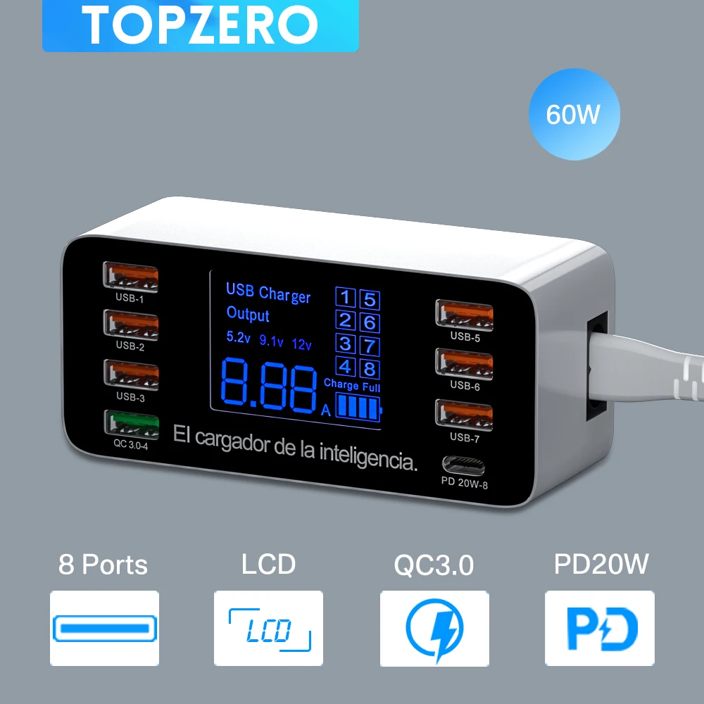 60 Вт, 8 портов, быстрая зарядка, 3,0, USB-зарядное устройство, тип C, PD, 20 Вт, быстрая зарядная станция, USB-C, зарядное устройство для iPhone 13, 12, Xiaomi, телефонный адаптер