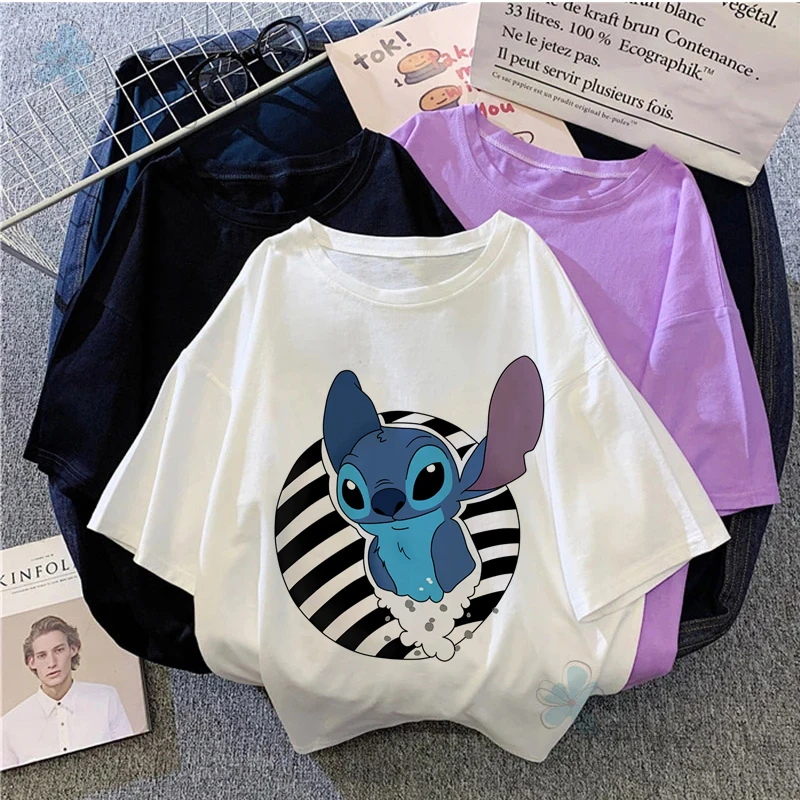 

Disney Lilo & Stitch T Shirt Women Summer Casual Tshirts Tees Harajuku Graphic Tops Kawaii Female T-shirt Cute Y2k O-neck