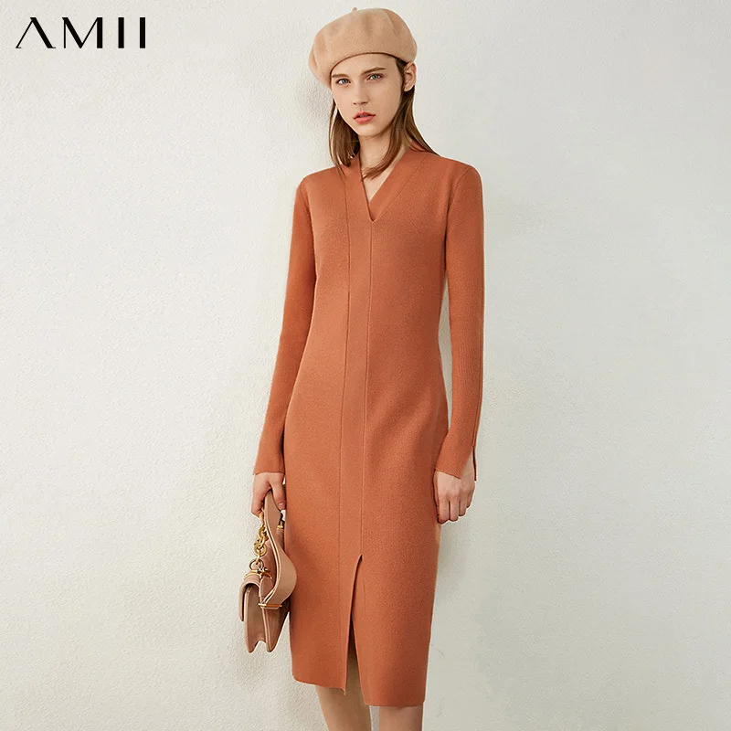 

Amii Minimalism Autumn Winter Women's Dress Fashion Vneck Knitted Slim Fit Dresses For Women Temperament Sweater Dress 12040639