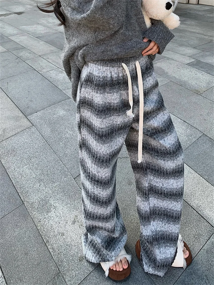 Женские уличные брюки PLAMTEE в полоску с широкими штанинами новинка 2024 плюшевые