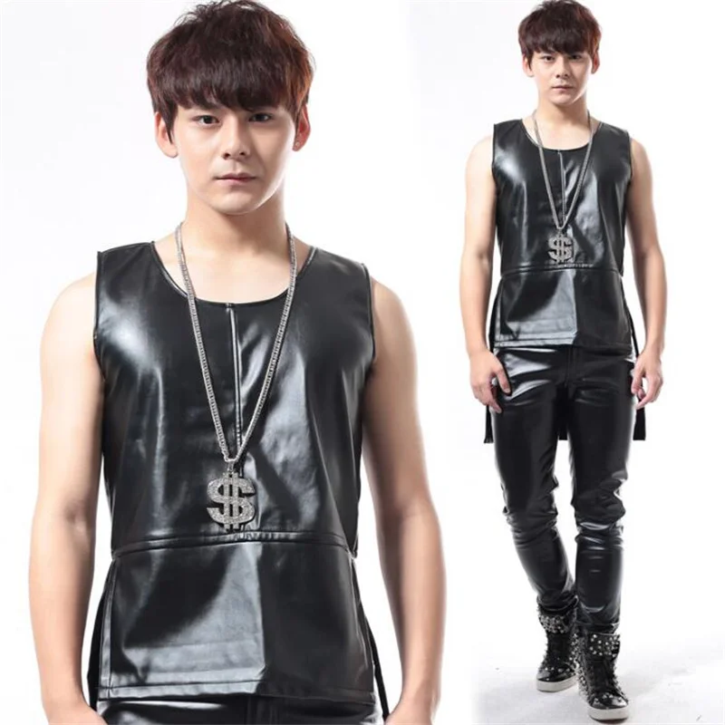 Personality slim male sleeveless dovetail leather vest men punk rock costumes hombre singer dance stage star black fashion