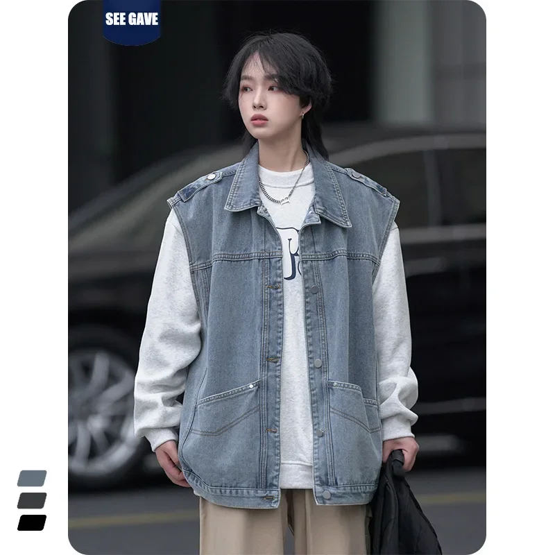 Джинсовый жилет мужская осенняя модная куртка свободного покроя без плеч