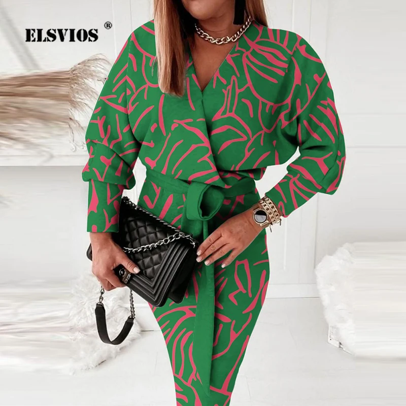 

Autumn Women Casual Printed V Neck Dress New Fashion Long Sleeves Lace-up Mid Waist Commute Elegant Office Ladeis Party Dresses
