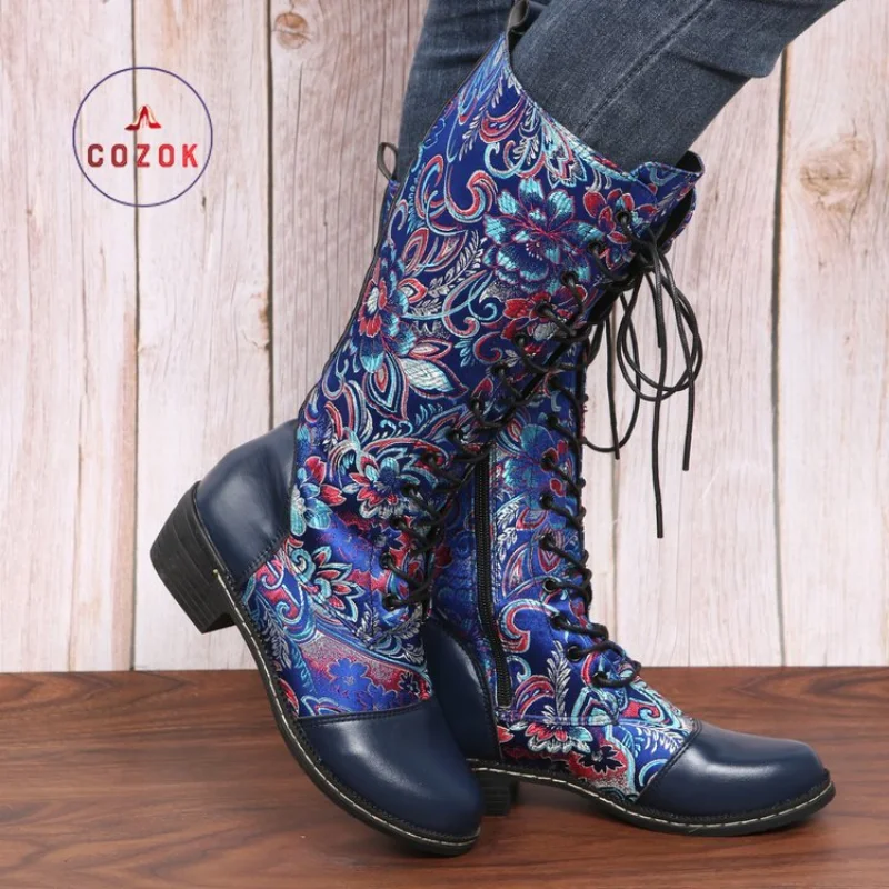 

Женские сапоги до колена с цветочной вышивкой, в этническом стиле, рыцарские сапоги больших размеров на массивном каблуке, Осень-зима 2022