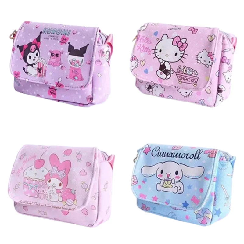 

New Sanrios Casual Versatile Small Bag Womens Leather Crossbody Shoulder Bag Cinnamoroll Hello Kitty Flip Zipper Phone Bag