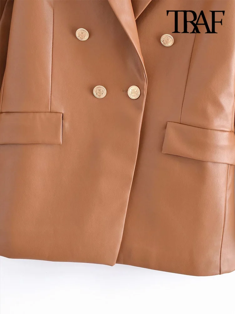 Женский блейзер из искусственной кожи TRAF винтажный с длинными рукавами и