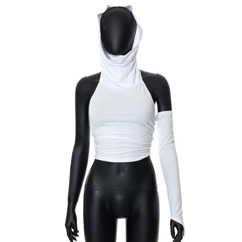 

Уличная одежда с воротником со складками, женские футболки, винтажные однотонные укороченные топы с одним рукавом и капюшоном, облегающая П...