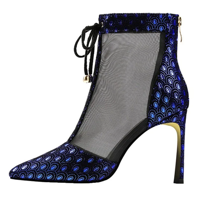 

New Mesh Breathable Color Matching Boots 2023 Summer High Heel Lace Up Pointed Toe Wrap Back Zipper High Top Shoes for Women