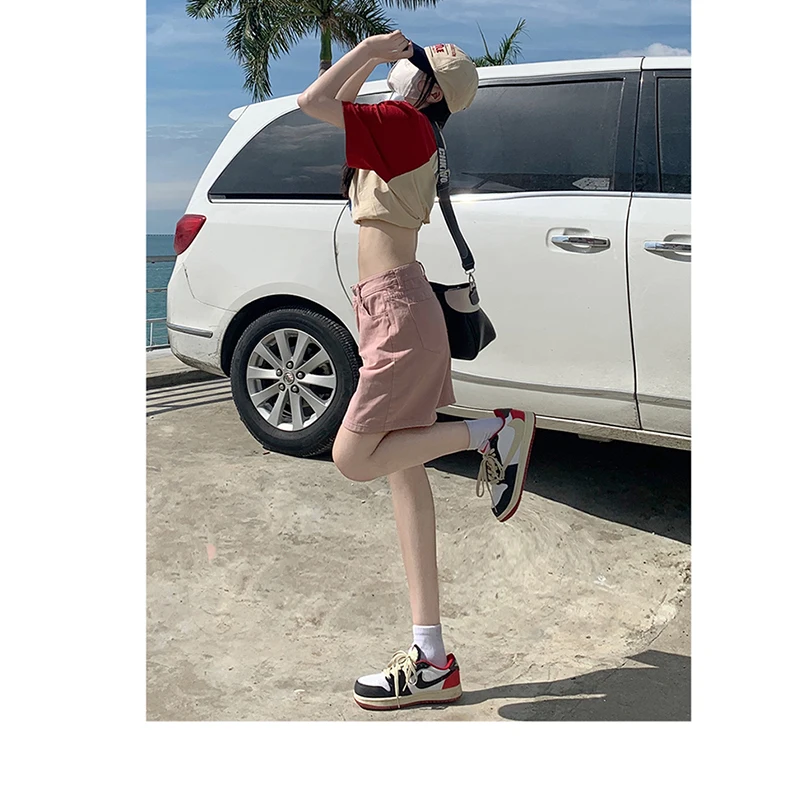 Real time photo of denim women's 2023 new shorts high street summer quarter pants dirty pink high waisted thin small and loose f