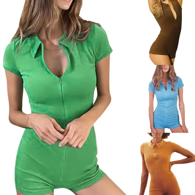 

Women Summer Bodysuit, Solid Color Short Sleeve Zipper-Open Tight Jumpsuit for Girls, 4 Colors